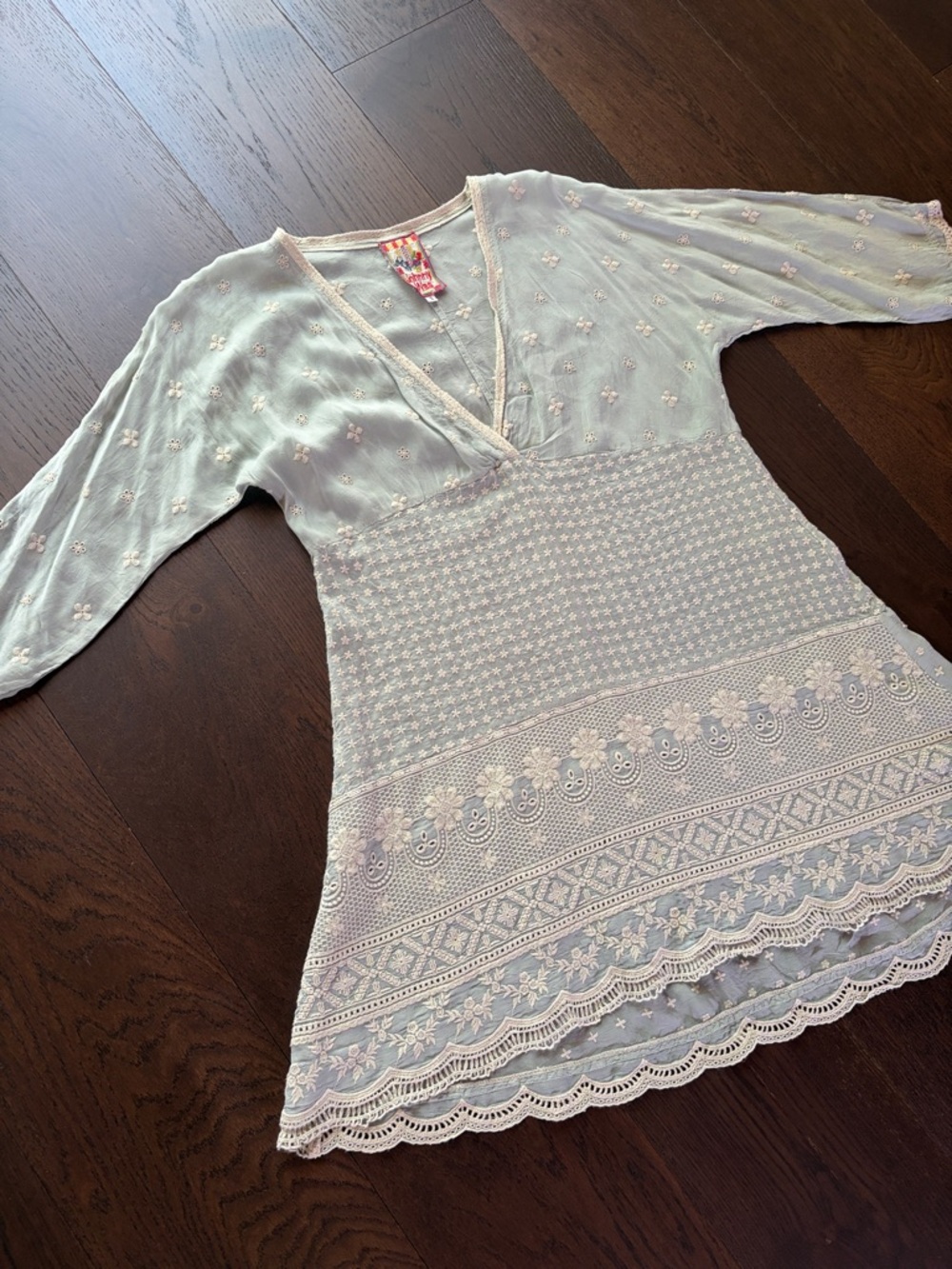 Johnny Was Embroidered Light Mint Green Boho Tunic